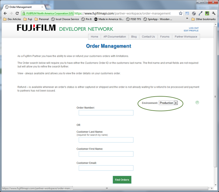 EnvironmentPicker Environment Picker on the Order Management Page
